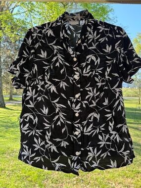 VTG Jacqueline Smith Plus Button Blouse Black White Floral Cruise Beach 16 USA